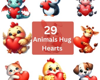 29 Adorable Animals Hugging Hearts Clipart Bundle | Transparent Background | Instant Download