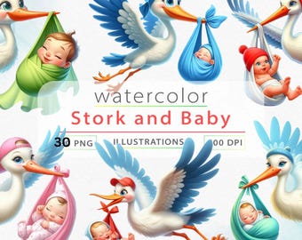 30 Stork and Baby Clipart Bundle | Cute Baby Shower PNGs | Newborn Nursery Art | Digital Download | Commercial Use