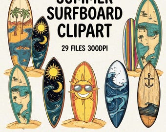 May include: A selection of surfboard clipart illustrations in various designs. The images feature beach scenes, sun and moon motifs, and wave patterns. The text "SUMMER SURFBOARD CLIPART" is displayed above the number of files and DPI. The artist's name, "Reemahmedstudio", is also visible.