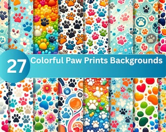 Paw Print Digital Paper Pack  | 27 Colorful  Paw Patterns | Commercial Use Digital Download