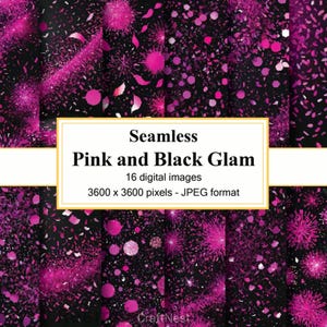 16 carte digitali glamour rosa e nere / Sfondi senza soluzione di continuità / Versatili design a 300 DPI per lavori artigianali, scrapbooking