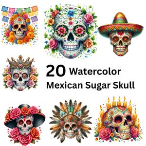 Dia de los Muertos Sugar Skull Clipart Bundle: Colorful PNG Graphics