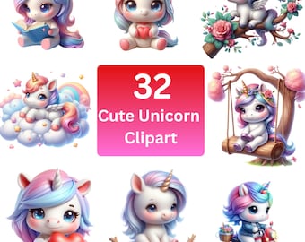 Kawaii Unicorn Clipart - Cute Unicorn PNG Digital Download for Personal ...