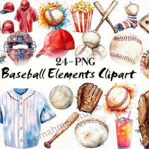May include: Watercolor baseball clipart featuring various elements like baseballs, bats, gloves, caps, jerseys, and popcorn. The image includes the text "24-PNG Baseball Elements Clipart". The artwork has a vintage, hand-painted style with splashes of color.