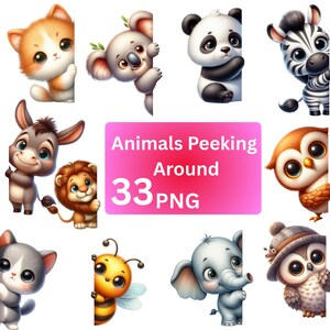 Puede incluir: Un conjunto de 33 imágenes PNG de animales de dibujos animados asomándose por las esquinas. La colección incluye un gato, un koala, un panda, una cebra, un burro, un león, un búho, una abeja y un elefante.