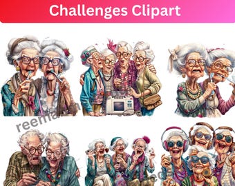 May include: A collection of digital illustrations featuring elderly women in humorous situations. The images depict the women using technology, such as headphones and a camera, and other everyday activities. The text at the top reads "36 Funny Old People Tech Challenges Clipart."