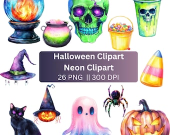 Pacchetto clipart di Halloween al neon: arte luminosa e spettrale (download digitale)