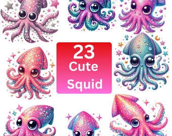 23 Cute Squid Clipart Bundle | Sea Animal PNGs with Transparent Background | Ocean Creatures for Kids Crafts & Sublimation