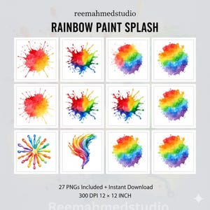 May include: A collection of rainbow paint splash designs in a grid layout. Each splash features vibrant colors, including red, orange, yellow, green, blue, and purple. The text "RAINBOW PAINT SPLASH" is at the top, with "12 x 12 INCH" dimensions at the bottom.