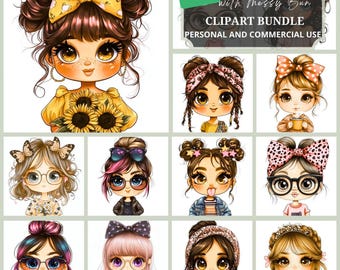 Girl with Messy Bun clipart bundle Personal and commercial Use