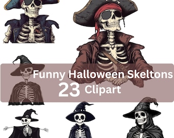 May include: A selection of cartoon skeletons in Halloween costumes. The skeletons are depicted wearing pirate hats, witch hats, and capes. The image includes the text "Funny Halloween Skeletons 23 clipart."
