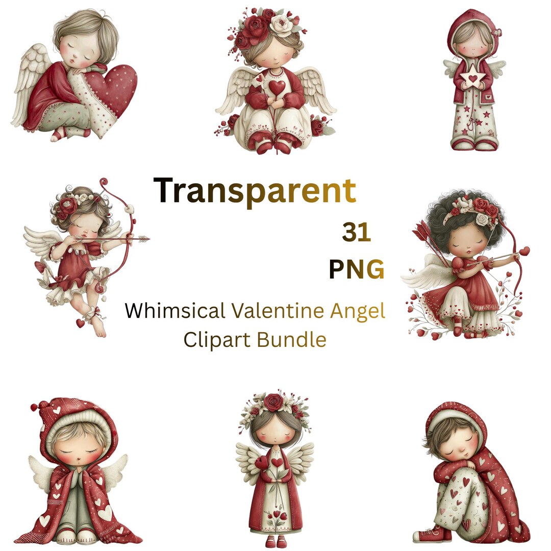 Whimsical Valentine Angel Clipart Bundle, Cupid Girl PNG, Romantic Love ...