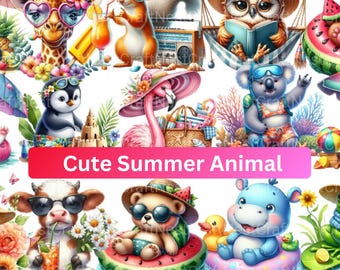 夏の動物クリップアートバンドル：トロピカルビーチPNGグラフィックス（デジタルダウンロード