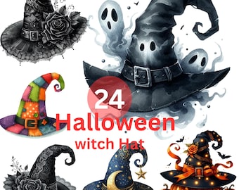 Zestaw clipartów z kapeluszem czarownicy na Halloween: Upiorna grafika PNG (300 DPI)