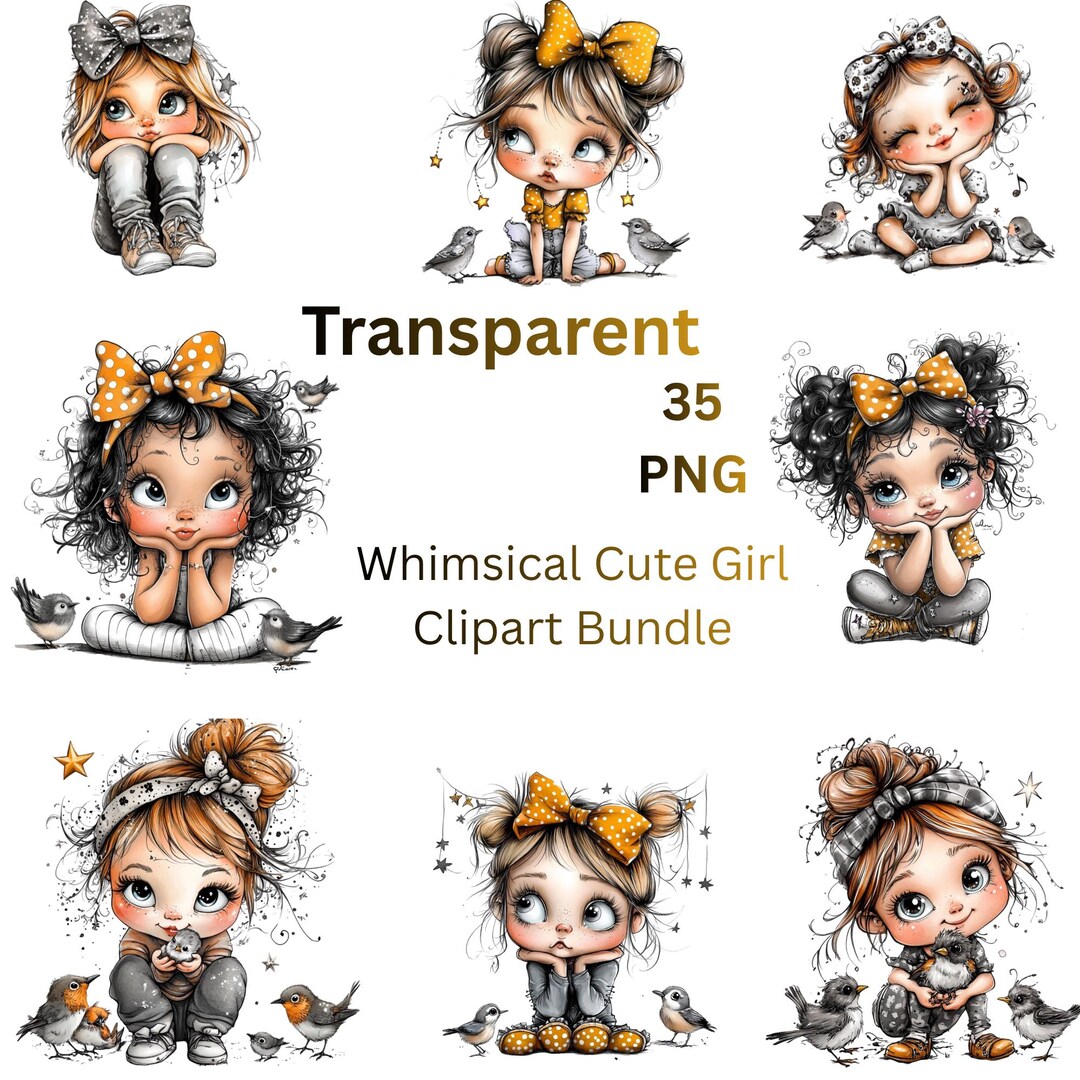 Whimsical Girl Clipart Bundle, Little Girl Illustrations, Kawaii Kids ...
