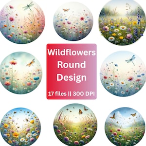 Puede incluir: Una colección de diseños redondos con ilustraciones en acuarela de flores silvestres, mariposas y libélulas. Los diseños muestran una variedad de flores coloridas en un entorno natural. El texto de la imagen dice "Wildflowers Round Design 17 files || 300 DPI."