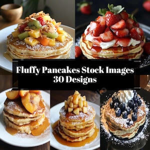 Puede incluir: Una colección de panqueques esponjosos cubiertos con varias frutas, incluyendo fresas, kiwi y duraznos. Los panqueques están rociados con jarabe y espolvoreados con azúcar en polvo. La imagen incluye el texto "Fluffy Pancakes Stock Images 30 Designs".