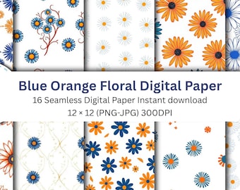 Blue & Orange Floral Digital Paper – 16 Seamless Patterns (Digital Download)