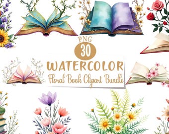 Watercolor Floral Book Clipart Bundle: 30 PNG Designs (Digital Download)