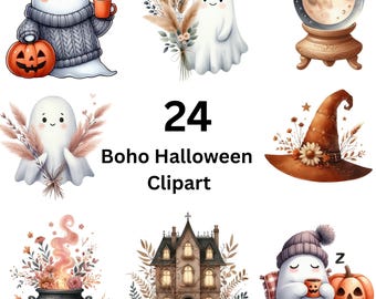 May include: A collection of 24 Boho Halloween clipart images. The images include a ghost with a cup of coffee, a jack-o'-lantern, a witch's hat, a crystal ball, a haunted house, and a cauldron. The text "24 Boho Halloween Clipart" is also included.