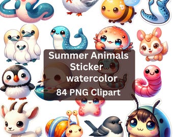 夏の動物ステッカーパック | 84枚のかわいい海とビーチのクリップアート、印刷可能なPNGステッカー、商用利用可能