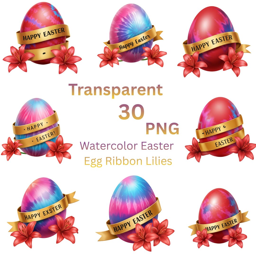 Watercolor Easter Egg Clipart Bundle PNG, 30 Easter Eggs With Ribbon ...
