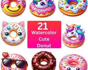Bundle de cliparts aquarelle kawaii donut : desserts pastel PNG (téléchargement numérique)