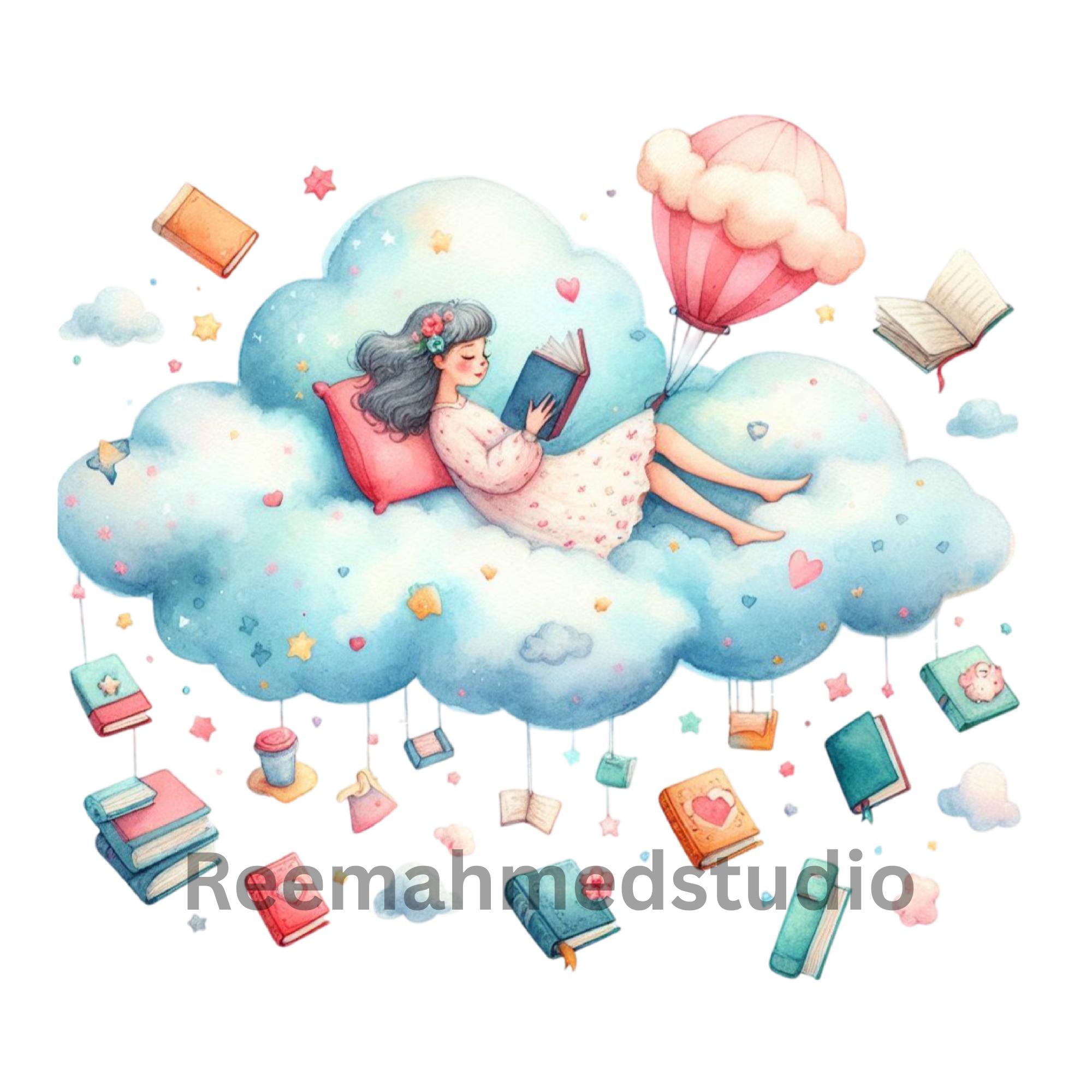 Whimsy Reading Whimsical Reading Girl Clipart Bundle, Fantasy Book PNG Illustrations ...