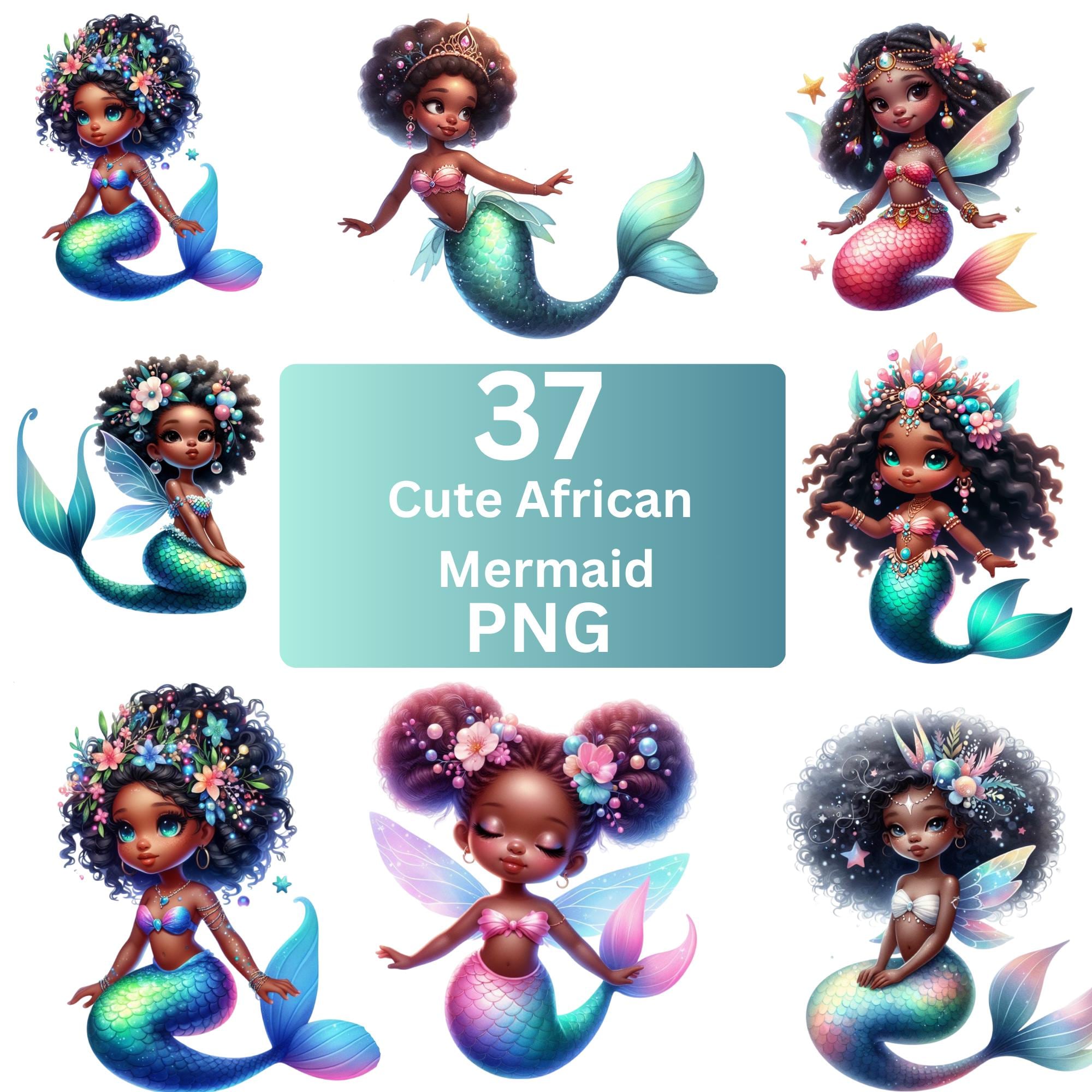 African Mermaid Clipart Bundle: 37 Melanin PNG Graphics (commercial Use ...