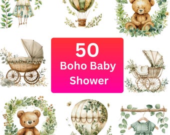 Boho Baby Shower Clipart Set: Neutral Nursery Art (Digital Download)