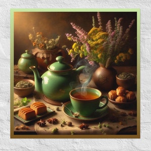 May include: A still life image of a green teapot, a cup of tea, and a plate of pastries. The teapot is pouring tea into the cup, and steam is rising from the cup. The pastries are arranged on a plate next to the cup. The scene is set on a table with a brown tablecloth. There are flowers in a vase in the background.