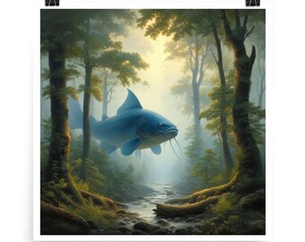 Blue catfish swimming peacefully through summer woods fantasy art poster, 5 sizes available, thick matte paper, wall art decor