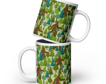 BIGFOOT Pattern Green Forest Ceramic Mug - 3 size options - heavy duty mug - cryptid mug - sasquatch mug