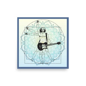 May include: A black and white illustration of a person playing a guitar, superimposed on a mandala design with a blue and green colour gradient. The image is framed in a blue square.
