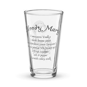 Bloody Mary 16 oz shaker glass, pint glass, cocktail tall boy glass, Bloody Queen Mary graphic with ingredients for a classic Bloody Mary