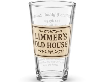 Tom Collins 16 oz shaker glass, cocktail tall boy highball glass, classic pub graphic with the recipe for a Tom Collins etched on the glass