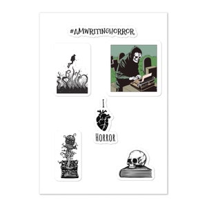 Vinyl Horror Stickers sheet of 5, decals for horror readers, writers, film fans, durable vinyl high-opacity