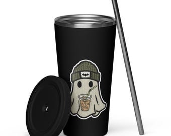 ICED COFFEE Autum-Loving Ghost 20 oz Insulated stainless steel tumbler with straw and lid / 5 color options spooky season, fall lovers