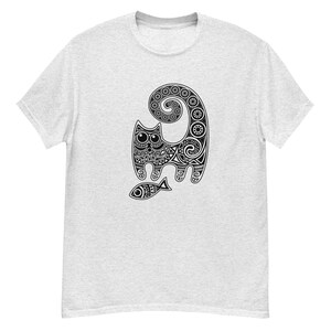 Tribal cat and fish design T-Shirt - asst colors - soft cotton comfort tee shirt - unisex fit - for men and women