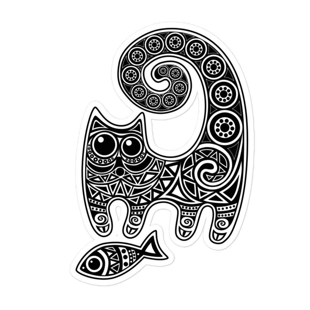 Vinyl Decal Cute Kitty Cat With Fish Tribal Design Sticker - 3 Size ...