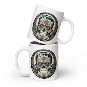 Sugar Skull Frankenstein&#39;s Monster Mug - sturdy ceramic - classic horror literature films - original art mug