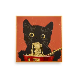 Poster - Black Cat with Ramen Noodles Art Print - premium photo paper - asst sizes - wall art - hang as is, or fits assorted standard frames