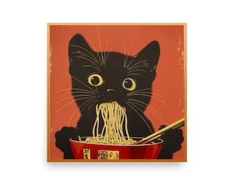Poster - Black Cat with Ramen Noodles Art Print - premium photo paper - asst sizes - wall art - hang as is, or fits assorted standard frames