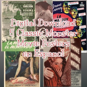 DESCARGA DIGITAL 5x Arte clásico de películas de monstruos en idioma español - carteles, tarjetas, proyectos, imprimibles - en carpetas zip en formato JPG y PDF