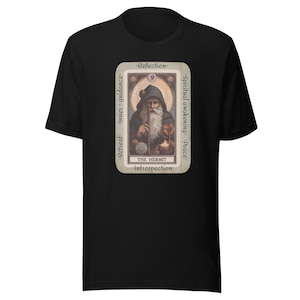 Camiseta ecológica 100 % reciclada con la carta del TAROT EL ERMITAÑO, unisex, negra, azul o blanca, suave y cómoda