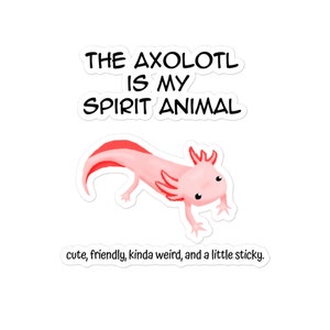 May include: A pink axolotl with black eyes and a white outline is shown on a white background. The text "THE AXOLOTL IS MY SPIRIT ANIMAL" is above the axolotl. Below the axolotl, the text reads "cute, friendly, kinda weird, and a little sticky."