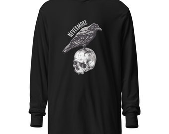 hooded long-sleeve tee, NEVERMORE raven and skull graphic, 6 colors, xsm - 2xl, Edgar Allen Poe, comfort fit, for men and women
