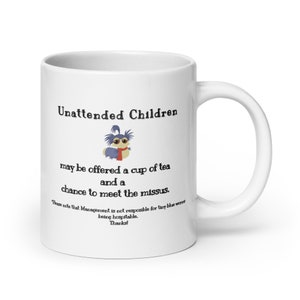 Unattended Children blue worm warning mug, three sizes available, durable white ceramic, Labyrinth film fans, 80s films, fun gift mug