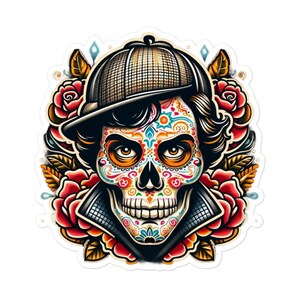 Sugar Skull Classic Sherlock Holmes Sticker - Vinyl Decal - original art - 3 sizes - long lasting sticker multi-use