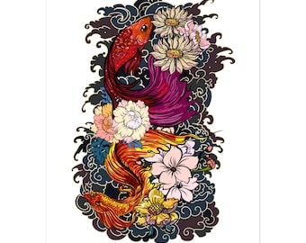 Lindo adesivo de arte Bettas / Decalque durável / Peixe lutador siamês / Disponibilidade. em 3 tamanhos/adesivo estilo arte asiática